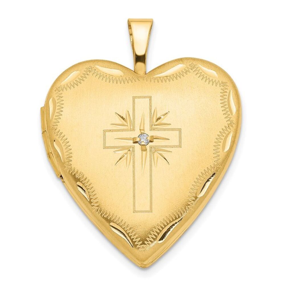20mm Heart Locket with Diamond Accent Cross in 14k Yellow Gold